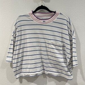 Quiksilver Striped Cropped Crewneck Surf Beach White Blue Pink T-Shirt Large